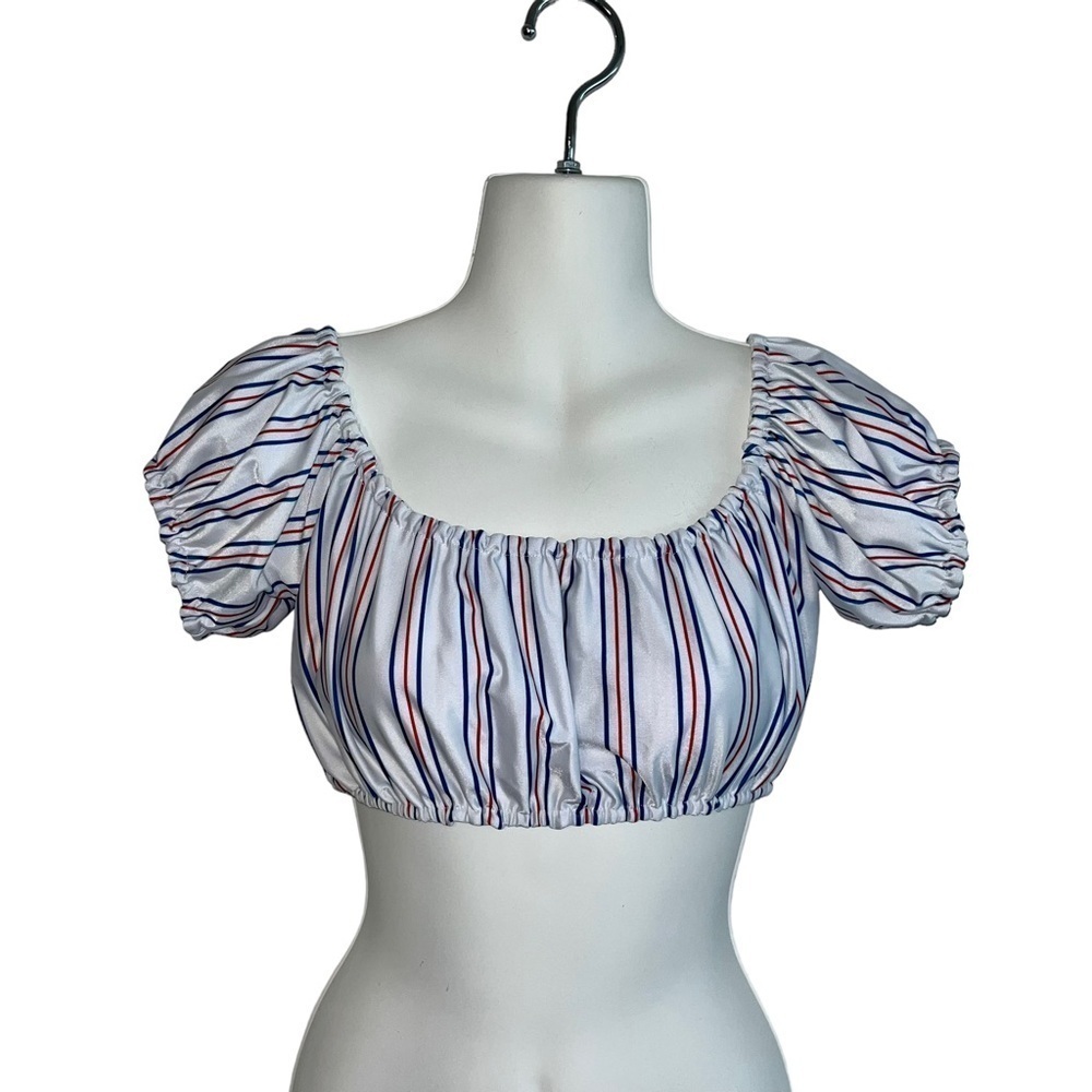 Lovers + Friends Red White Blue Striped Swim Top Size SM Ruffle Cap Sleeve Crop